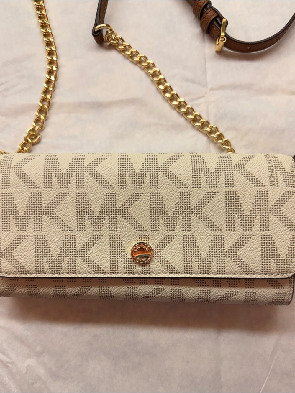 Michael Kors Beige Signature MK Chain Crossbody Bag